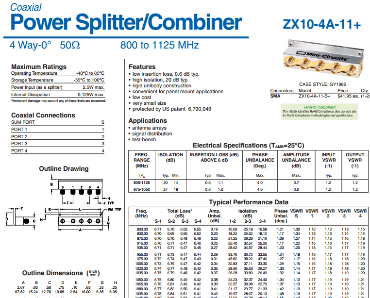 800-1125MHz 射频微波同轴一分四功分器 代替 ZX10-4A-11+  Mini-Circuits