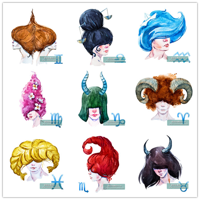 [54]唯美水彩人物拟人12星座插画符号 AI矢量设计素材