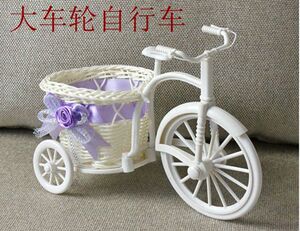 家居装饰品摆件仿真藤编编织三轮自行车花车塑料小车花盆插花花篮