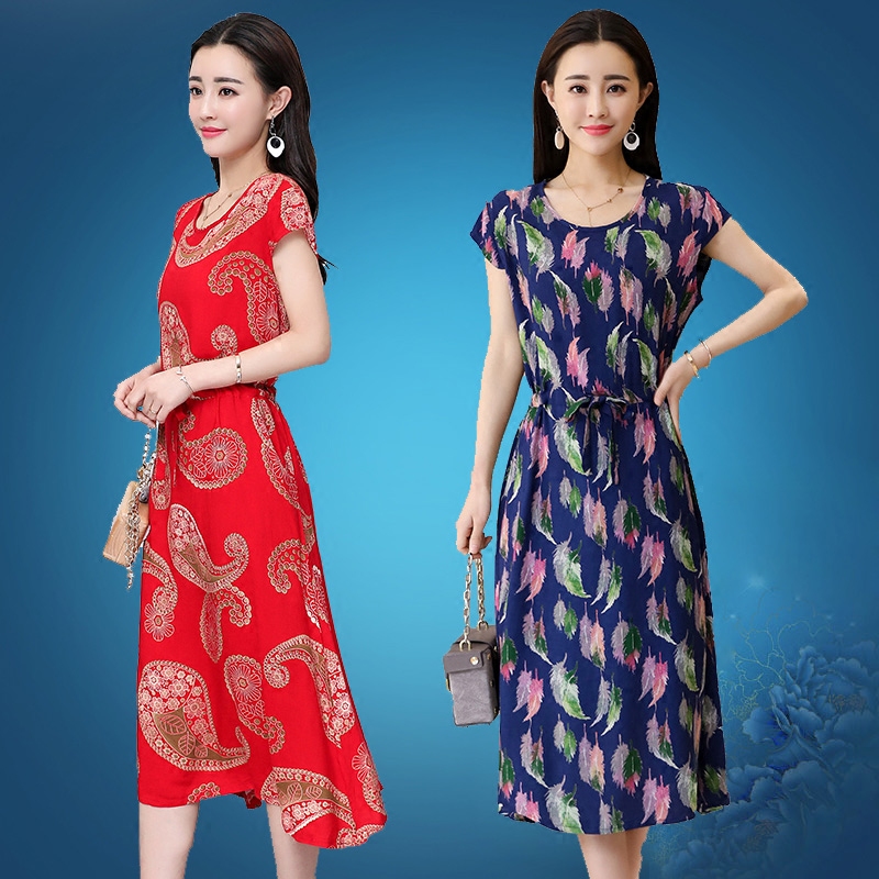 Mom outfit Cotton silk Dress Summer wear Beach on vacation Ethnic style Mid length version Self cultivation Middle and old age Women's wear skirtin the Women's clothing/Boutique , Middle-aged women  category - from Buy2taobao.com to provide professional Taobao agent buy service