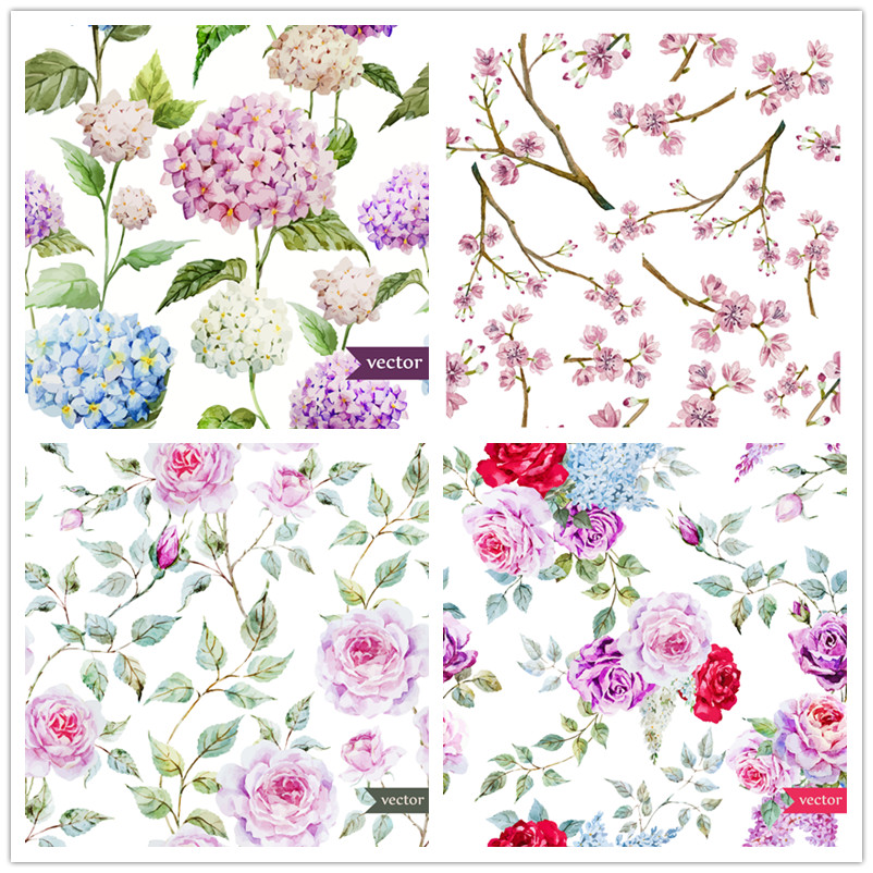 A0124矢量淡雅水彩风格紫阳花绣球花玫瑰桃花图案 AI设计素材