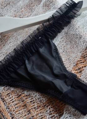 071414GRETA最爱专柜款 黑色丝光 蕾丝百褶丁字裤内裤S/M/L