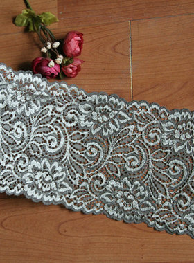 76D 客供 绿灰色 弹力蕾丝双边宽花边14公分宽 9元1米