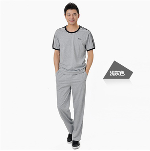 鲁美运动套装男夏棉线圆领半袖长裤休闲加条动感十足高腰断码特价