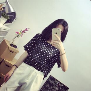 实拍 2019新款夏装韩版宽松百搭学院竖条纹波点圆点雪纺衫透