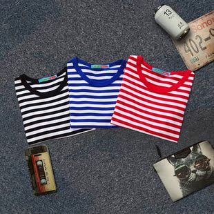 2025春夏款儿童大中小亲子宝宝装短袖t恤男女海魂衫蓝白条纹纯棉t