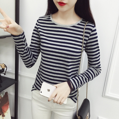 春秋季新款圆领下摆开叉宽松长袖T恤女潮百搭条纹女装上衣打底衫