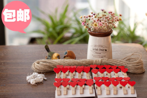 包邮 麻绳照片墙小夹子 红色心形木头夹子  创意木质相片夹装饰绳