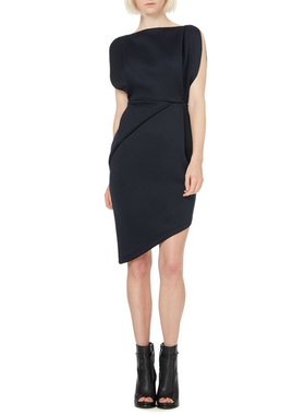英国单欧美范弹力空气层立体裁剪高腰不规则裙摆铅笔连衣裙黑色