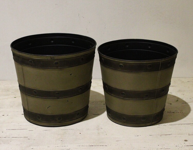 出口外单 孤品 铁艺做旧卡其色花桶盆 美式乡村ZAKKA 铁皮收纳