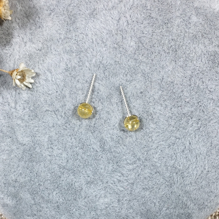 手工5mm甜美天然黄发晶钛晶小耳钉足银999纯银耳钉养耳防过敏女
