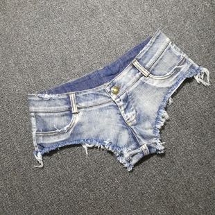 超低腰三角小短裤女夜店性感烟灰色牛仔短裤跳舞主播毛边破洞热裤