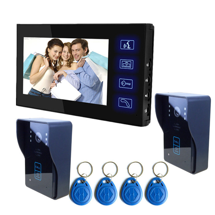 可视门禁套装小区别墅楼宇对讲有线门铃刷卡开锁二拖一7寸显示屏