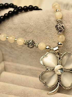 复古猫眼石四叶草花朵长款毛衣链