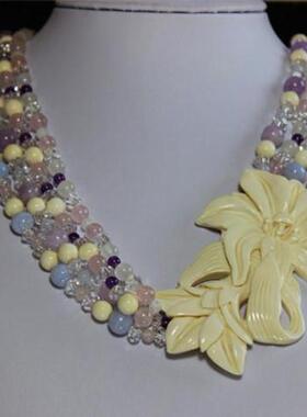 西洋古董珠宝首饰进口二手国外回流仿猛犸牙色水晶多层项链吊坠