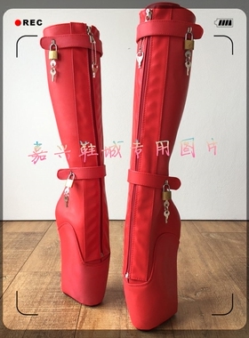 【嘉兴鞋城】红色纳帕哑光拉链可锁皮带锁芭蕾包跟高筒靴BLZB902b