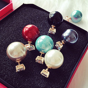 Japanese and Korean fashion double sided box temperament wild earrings pearl earrings are hypoallergenic earrings woman