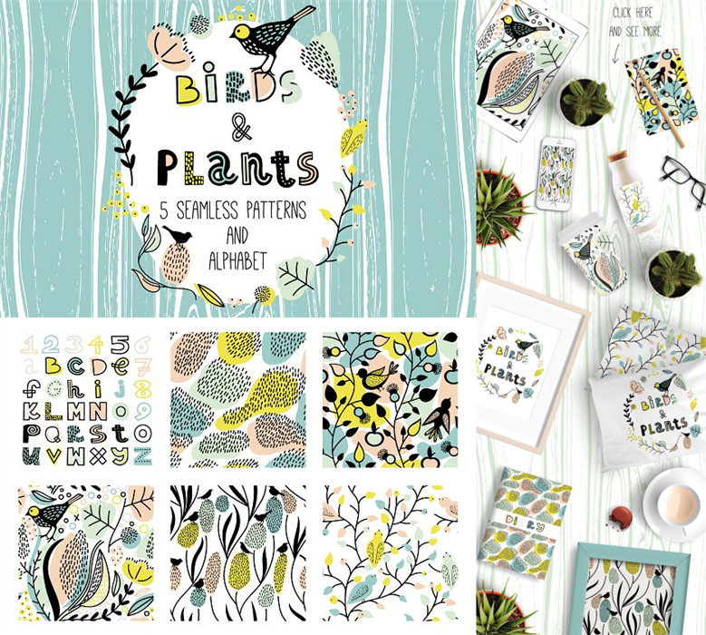 A3562矢量卡通花草植物英文字母四方连续纹样印花 AI设计素材png