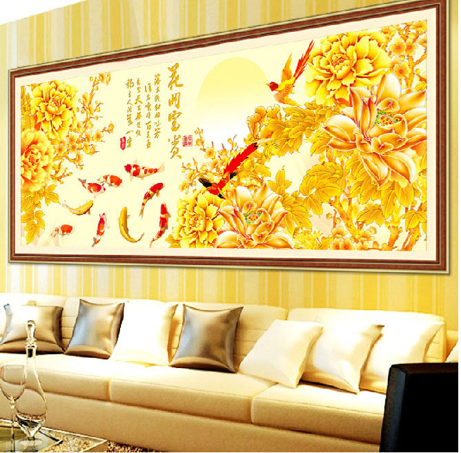 花开富贵九鱼图精准印花客厅画新款3D十字绣