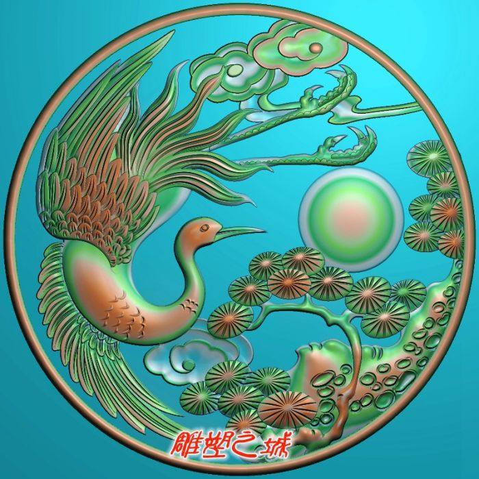 精雕图 灰度图 浮雕图 电脑雕刻图 棺材棺木寿材圆松鹤贺寿前挡