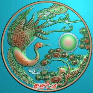 精雕图 灰度图 浮雕图 电脑雕刻图 棺材棺木寿材圆松鹤贺寿前挡