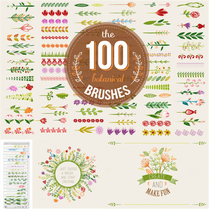[489]100个水彩花草树叶AI笔刷插件 AI矢量设计素材
