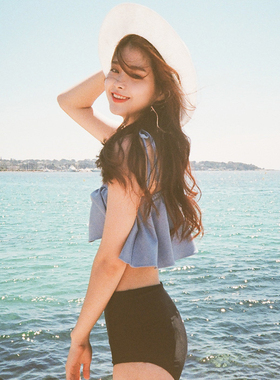 孔雀蓝新款蓝色边游高腰比基尼大小胸裙式分体泳衣女保守学生女