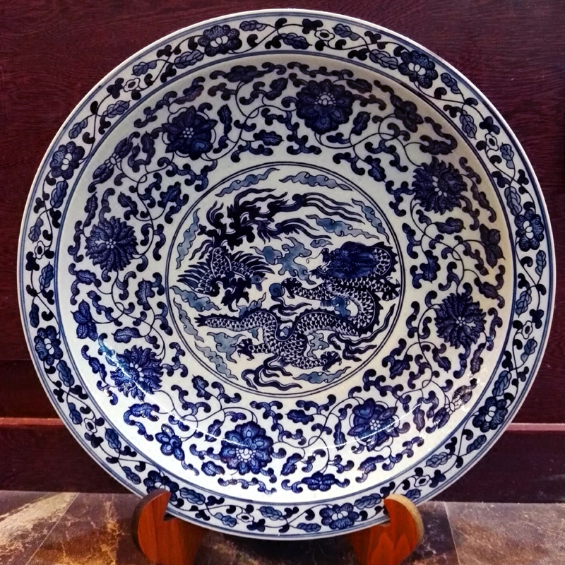 景德镇陶瓷青花瓷大盘子包邮仿古手工龙凤缠枝莲居家装饰