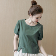 实拍棉麻T恤女装夏2018新款短袖宽松短款衬衫亚麻料上衣服潮