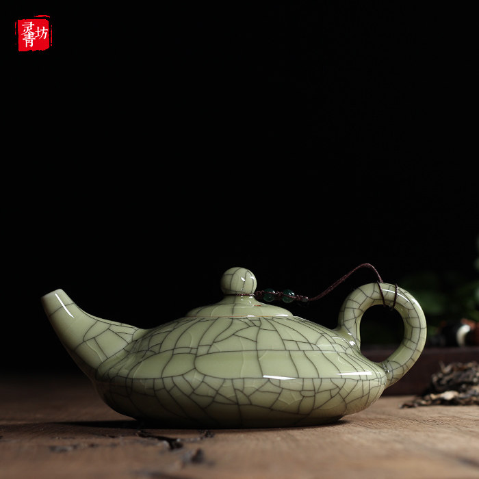 青瓷茶壶陶瓷大号功夫茶具泡茶壶单壶复古哥窑金丝铁线冰裂纹开片