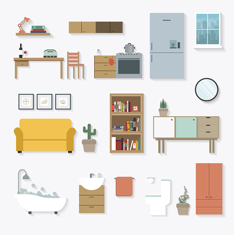 扁平化家具 卡通日常生活室内家居电器图标 ai格式矢量设计素材