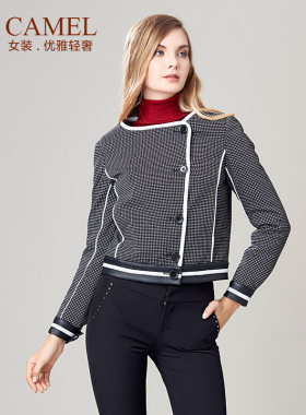 【非卖品】/女装冬装修身OL格子圆领棉衣撞色拼皮纽扣棉服