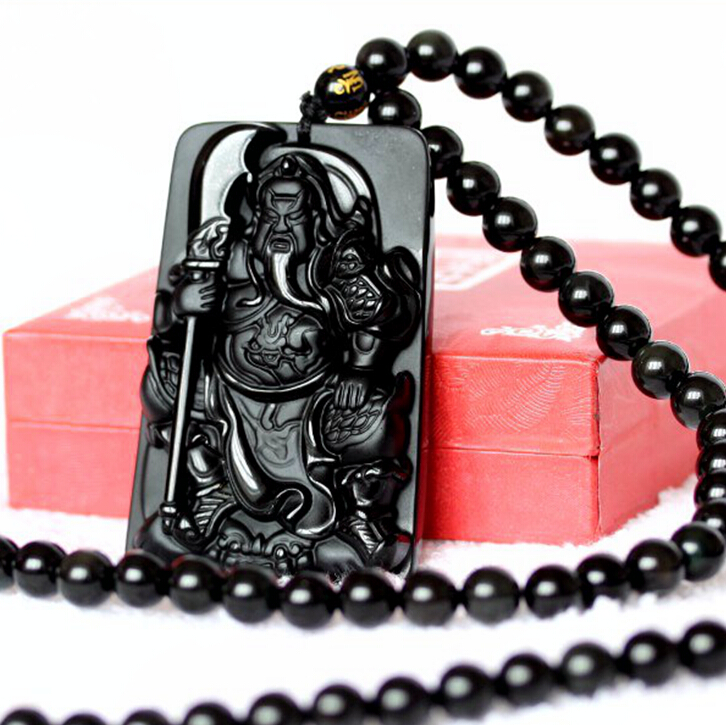 天然黑曜石关公吊坠男士时尚玉项链关二爷个性霸气关羽吊坠挂件