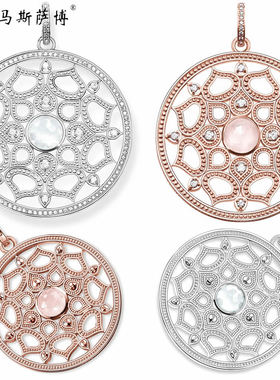 镀18K玫瑰金镶钻玫瑰石英镂空莲花圆牌大圆盘挂件-托马斯萨博新款