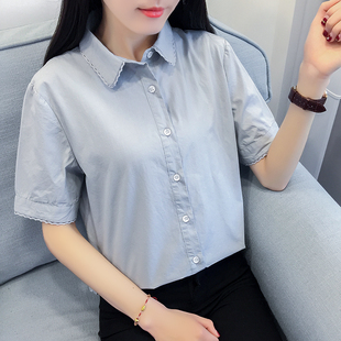 夏装新款短袖衬衫女学生娃娃领百搭打底衫学院风纯棉短袖衬衣韩范