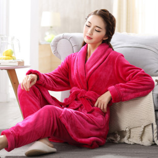 秋冬款法兰绒睡袍女冬季浴袍两件套加厚珊瑚绒睡衣套装系带家居服