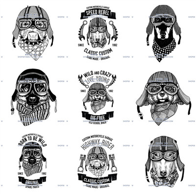 A3570矢量复古狗狗摩托车logo头像T恤印花 AI设计素材
