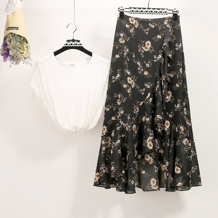 2017夏季新款荷叶边雪纺碎花半身裙a字不规则鱼尾夏装长裙裙子 女