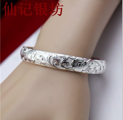 雕刻纯手工纯银印花银镯子