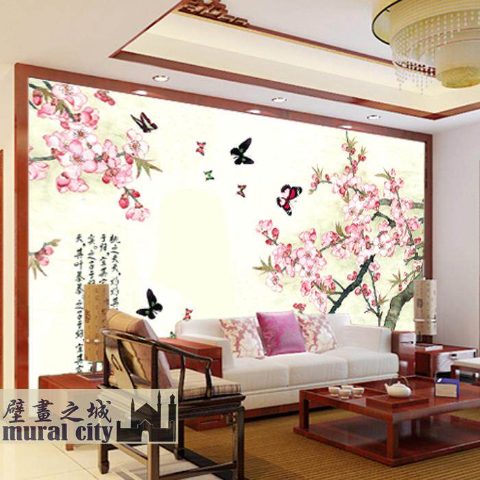 桃之夭夭中式墙布蝴蝶桃花壁纸水彩画墙纸壁画酒店电视沙发背景墙