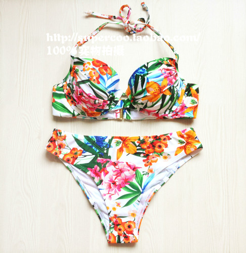 vintage满满的花卉~欧洲单 水滴杯钢托宽围挂脖比基尼 BIKINI