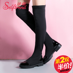 Interesting implications 2015 new patent leather stretch fabric over the knee boots for fall/winter women flat high boots, thin leg boots T05056