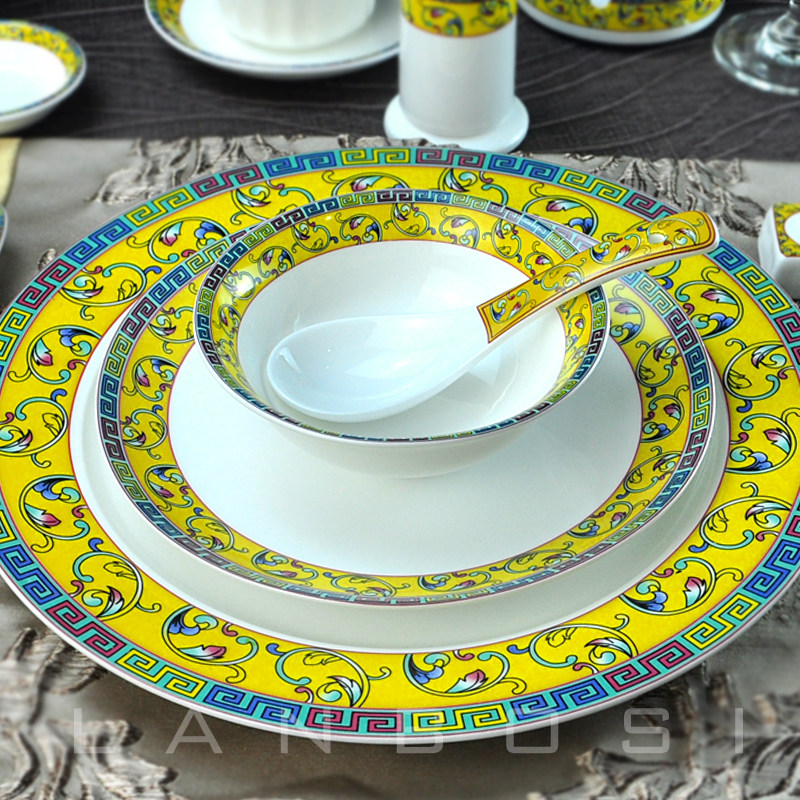 豪华餐厅饭馆用品酒店摆台骨瓷套装餐饮餐具火锅四件套碗盘碟子勺