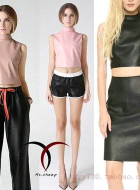 孤品清仓促销黑色欧美时尚大气高领女款无袖超短款小羊皮衣T恤