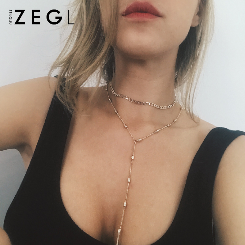 ZENGLIU韓國簡約鎖骨鏈女長款多層脖鏈飾品頸鏈百搭配飾雙層項鏈