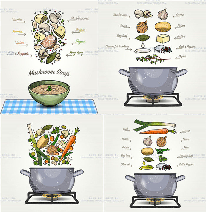 A3494矢量卡通食物蘑菇汤配料蔬菜做饭插画 AI设计素材