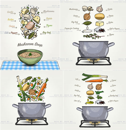 A3494矢量卡通食物蘑菇汤配料蔬菜做饭插画 AI设计素材