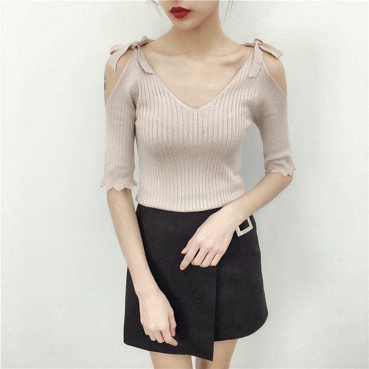 Korean Edition 2020 Summer new Socket sexy V-neck strapless Short sleeved Solid coat T-shirt Bottoming sweatersin the Women's clothing/Boutique , Wool sweater  category - from Buy2taobao.com to provide professional Taobao agent buy service