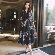 裙子长袖 高级气质菁菁同款 收腰系带印花度假连衣裙女 女装 2021新款