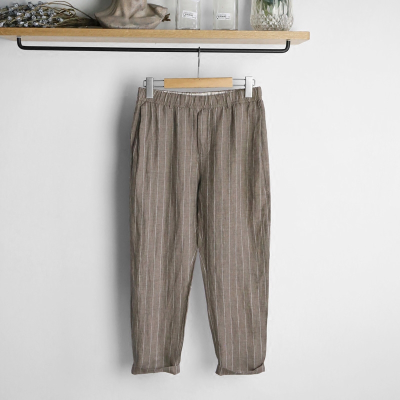 脊椎動物男裝夏季純亞麻透氣九分褲日系暗條紋麻料橡筋休閑褲在類目 男裝, 休閒褲中 - 來自Buy2taobao.com提供專業的淘寶代購服務